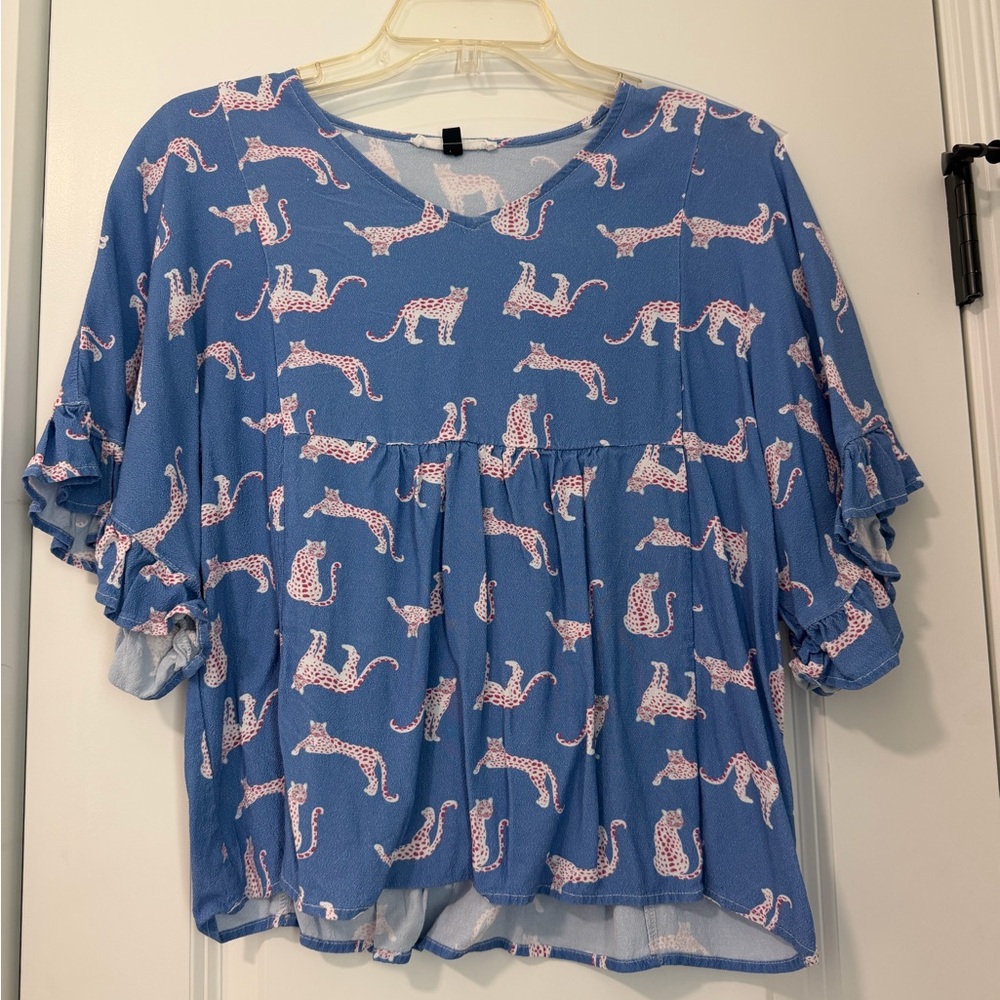 Chic Blue Leopard Print Women's Blouse